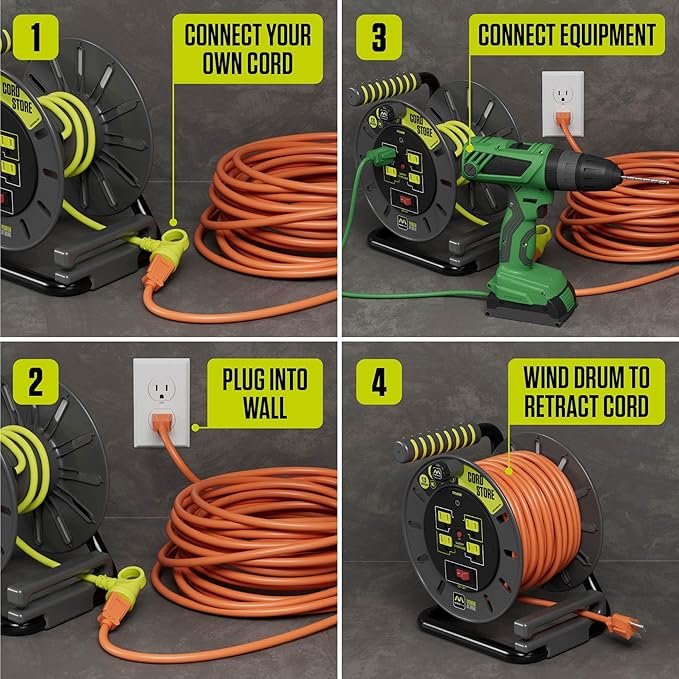 3ft Cord Reel, Retractable Extension Lead with Winding Handle, Safety Overload Circuit Breaker and Power Switch, 4x Grounded Outlets, 13amps, 14AWG Cable