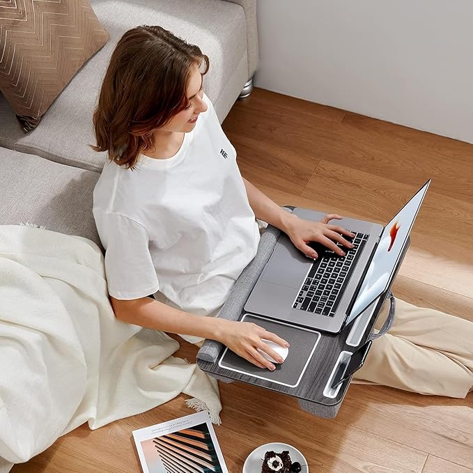 HUANUO Lap Desk - Fits up to 17 inches Laptop Desk, Built in Wrist Pad for Notebook, MacBook, Tablet, Lap Laptop Desk with Tablet, Pen & Phone Holder (Black Woodgrain)