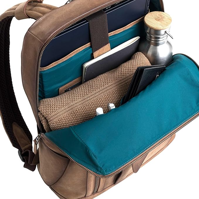 VELEZ Brown Leather Backpack for Men & Women - Large Capacity Laptop Travel Backpack with 17" Sleeve - Vintage Travel Bag with Adjustable Straps, Multiple Pockets & Trolley Sleeve