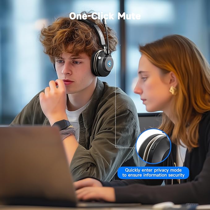 Wireless Headset with Mic for Work: 6.0 Bluetooth Headset with AI Noise Cancelling Mic,45 Hours Worktime & Mute Button, Headset with Microphone for Pc, iPhone,Computer,Remote Work,Office,Zoom, Skype