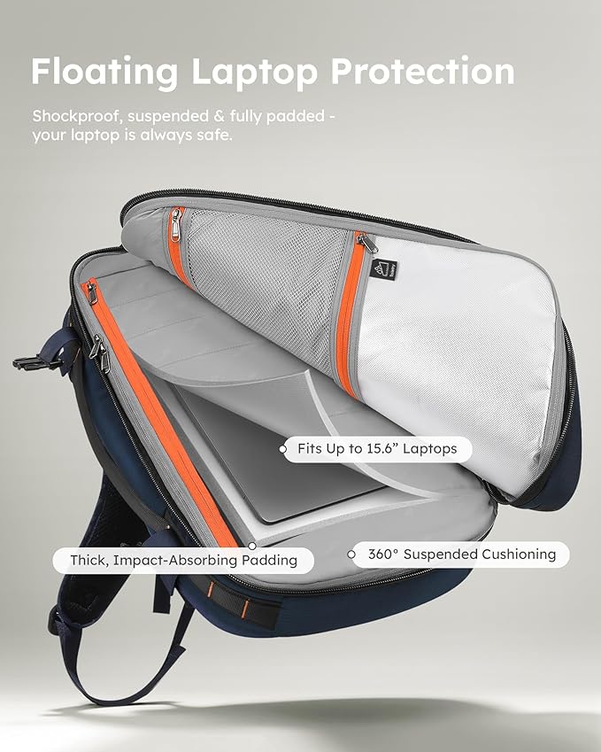 Tolaccea Travel Backpack, TSA Friendly Flight Approved Carry-on Luggage Water-resistant Business Rucksack, Durable Large Computer Bag Daypack Fits 15.6 Inch Laptop, 35-45L Expandable - Navy