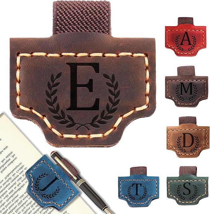 Personalized Bygone Mark Bookmark with Pen Holder, Leather Magnetic Bookmark 26 Letters Name Initial Bookmarks for Readers, Book Lover Gifts for Women Men Notebook Accessories (Coffee, E)