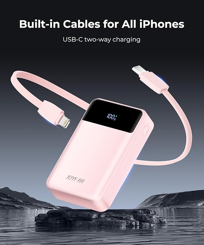 Portable-Charger-Power-Bank Travel Essentials Battery Pack USB C 30000mAh Built in Cable 22.5W Phone Fast Charging Powerbank Compatible with iPhone 16 15 14 13 12 11 iPad Google Xiaomi (Pink)
