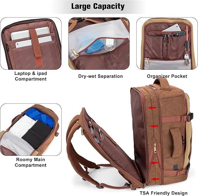Tzowla 40L Canvas Travel Laptop Backpack for Men Women Carry on Flight Approved,Large Capacity Anti Theft Backpacks with USB Port,Vintage Business Rucksack Bag Fit 17.3 Inch Laptop(Brown & Khaki)