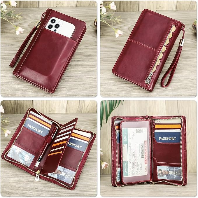 Top Grain Leather Travel Passport Wallet Holder for Man & Woman, Handmade with Three-Layer for 4 Passports & Multi Cards, RFID Blocking Large Capacity for Cards/Passports/Tickets, Burgundy