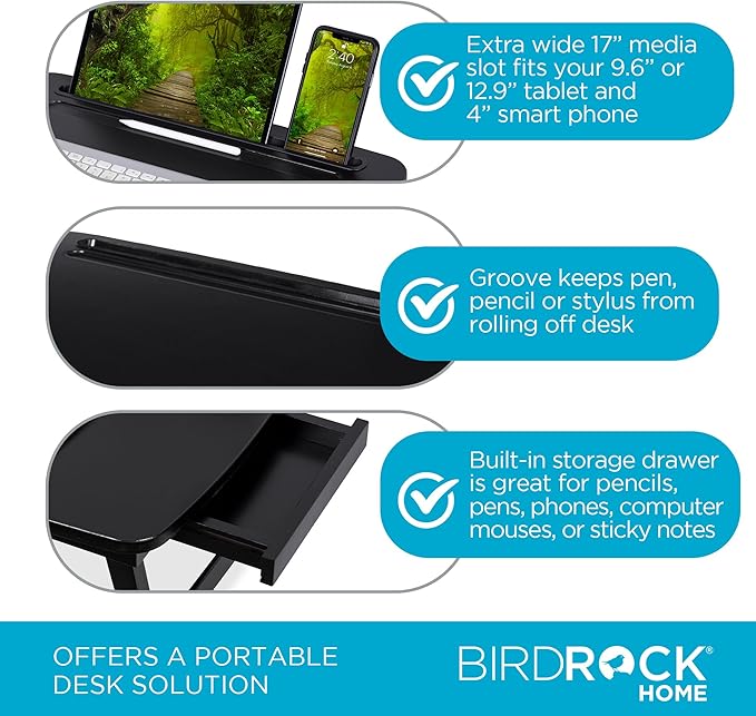 BIRDROCK HOME Bamboo Wood Lap Tray with Foldout Legs, Storage Drawer, Fits Laptops Up to 17", Tablet and Phone Slot, Laptop Table for Sitting or Standing, Work from Home, Workstation - Espresso