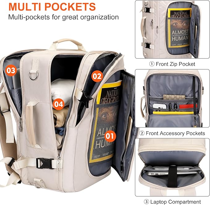 PIJUSHI Travel Backpack for Women Flight Approved Carry on Bag 16 inch Laptop Personal Item Daypack with Shoe Compartment(PE038 Beige)