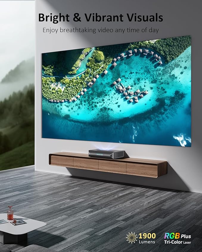 NexiGo Aurora Lite, 4K UHD Ultra Short Throw Tri-Color Laser Projector, 1900 Lumens, Dynamic Laser Dimming, Dolby Vision & Atmos, HDR10+, 3D, 150" UST TV (Holiday Special Edition) with 60W Speakers