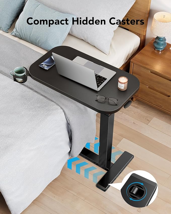 HUANUO Bedside Table with Wheels, Height-Adjustable Rolling Computer Cart, Overbed Table with Cup Holder, Pneumatic Laptop Standing Desk for Home Office, Black (31.5" x 17.7")