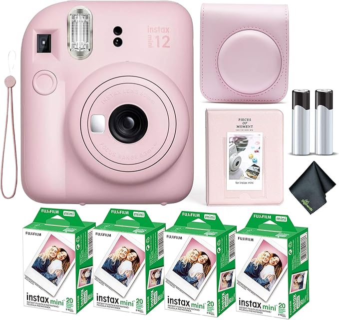 Fujifilm Instax Mini 12 Instant Camera Blossom Pink Bundle with Fuji Instax Mini Film Value Pack (80 Sheets) + Protective Carrying Case + Photo Album + Microfiber Cleaning Cloth