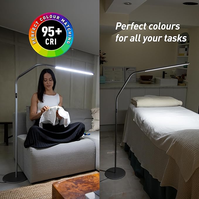 daylight Slimline 4 LED Floor Lamp - 6,000K, 3,200 Lux, 4 Brightness Levels, USB-C Port for Fast Charging - Sleek Design, Anti-Glare Shade, Flexible Height Adjustment - Ice Grey