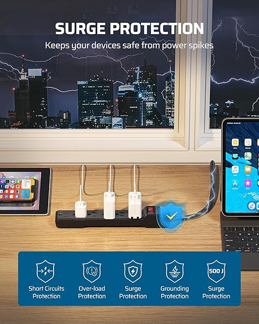 DEWENWILS 2-Pack Power Strip Surge Protector,15 Ft Extra Long Extension Cord, Low Profile Flat Plug,15 Amp Circuit Breaker, 500 Joules, Wall Mount, Black, UL Listed