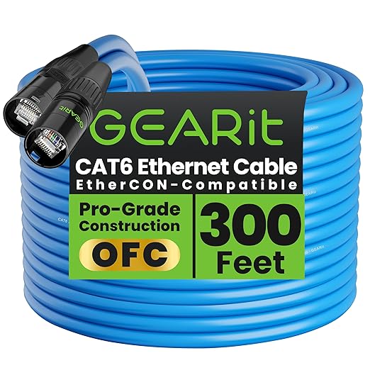 GEARit Shielded CAT6 Ethercon Cable (300 Feet) Professional Audio & Lighting RJ45 EtherCON-Compatible Cable for Studio, Stage, Concerts - 300ft Blue