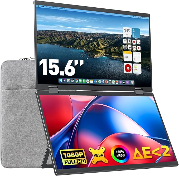 Laptop Screen Extender 15.6 Inch FHD 1080P 360° Foldable Dual Monitors 120% sRGB ΔE<2 HDMI USB-C Stacked Triple Portable Monitor for Laptop PC Windows Mac with Kickstand VESA Mountable
