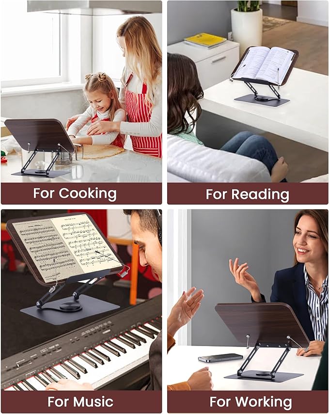 ASIEIT Book Stand for Reading, Adjustable Book Holder with 360° Rotating Bases & Elastic Page Clips, Foldable Bible Stand, Portable Reading Stand for Bible, Recipe, Magazine, Tablets, Laptops, Brown