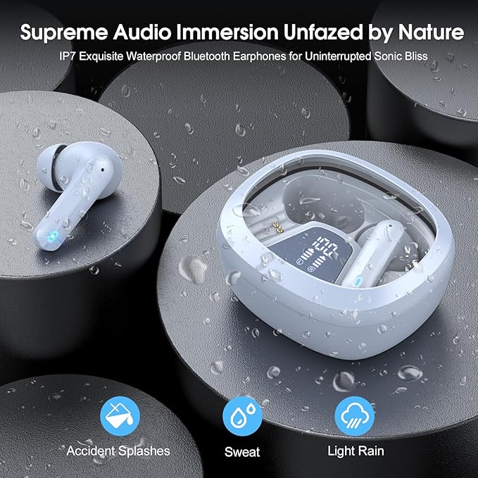 Wireless Earbuds, Bluetooth 5.4 Headphones, HiFi Stereo Bass Ear Buds, in Ear Earbuds with 4 ENC Noise Cancelling Mic, 45H, LED Display, IP7 Waterproof, Earphones for Phone Android/iOS Sports, Blue