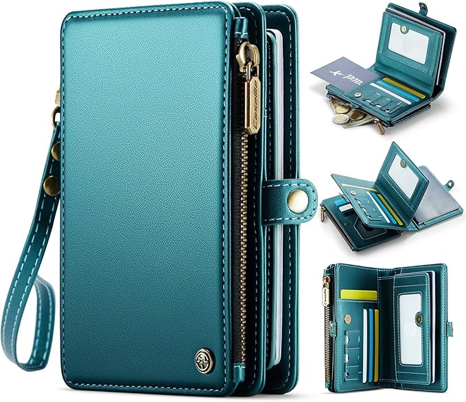 Passport Holder Wallet Bag with AirTag Holder, 11 Card Slots and Passport Solt Cash Solt Photo Solt Zipper Pocket, RFID Blocking Wristlet Strap.Green