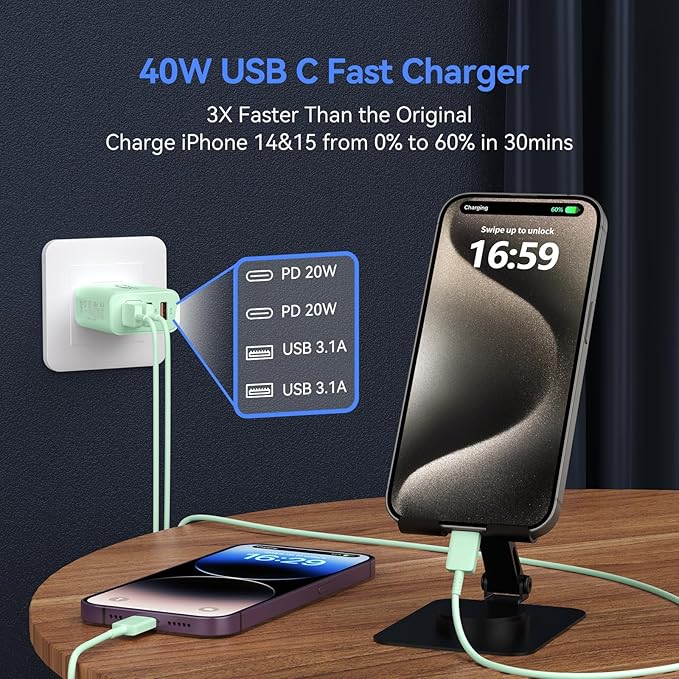 USB C Wall Fast Charger Block, 40W 4-Port Type C Chargers Fast Charging Blocks PD Power Charger Adapter+QC 3.0 USB Multiport Charger Brick for Phone 17/16/15/14/13/12 Pro Max, i-Pad, Galaxy S25-2Pack