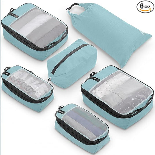 Premium Compression Packing Cubes for Travel, Compression Packaging Cube, Zip Bags Premium 6-Piece Set with laundry bag and shoe bag by TRIPPED Travel Gear (Dusty Teal Mesh)