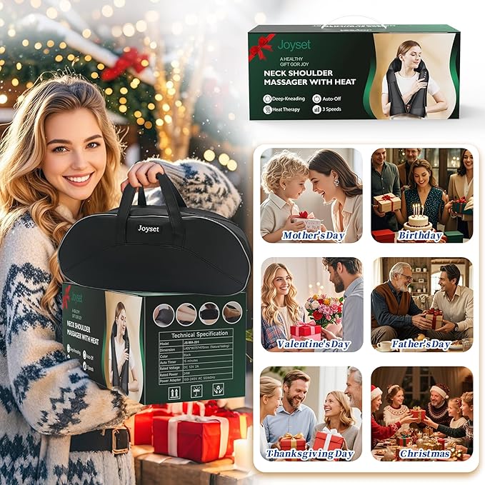 Joyset Cordless Neck Massager Shiatsu Neck and Back Massager with Heating Free Easy to Wash Cloth Cover for Shoulder Massage