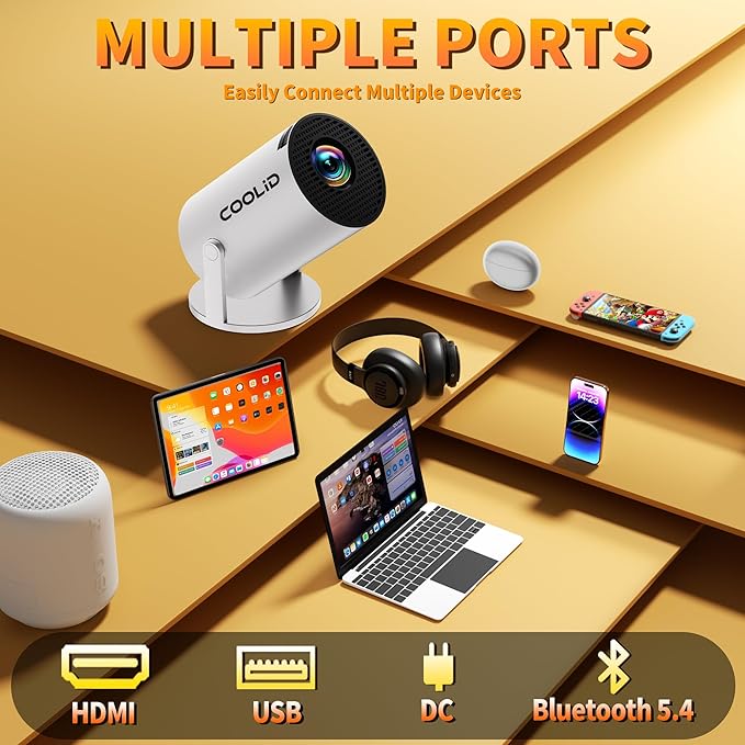 [Built-in Apps & 2025 Upgraded] Mini Projector with WiFi 6 and Bluetooth 5.4 Support 4K 1080P Auto Keystone 270° Rotatable Projector Portable Compatibile with HDMI/TV Stick/Memory Stick - White