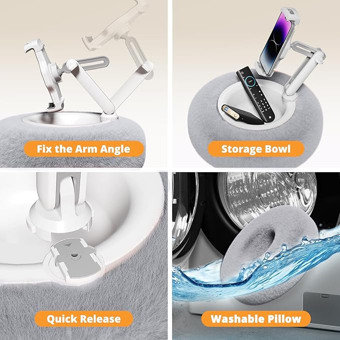 Tablet Pillow Stand for Reading, Adjustable Tablet Stand Phone Holder for Bed with Detachable Snack Bowl, Fits 4.7"-13" Kindle/Phones/Tablets, Watch Videos, Stream Media, Gray