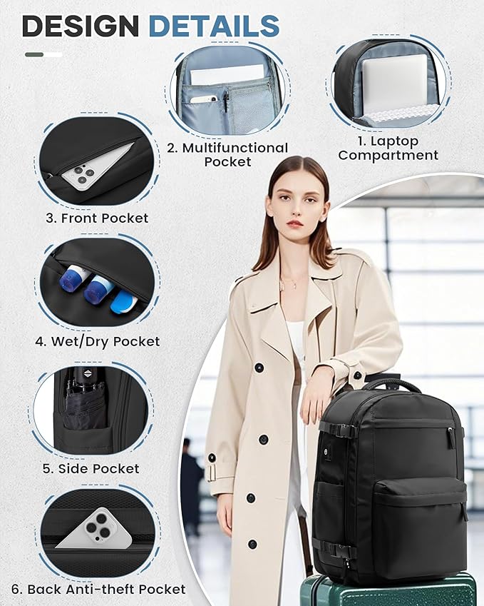 Vacuum Travel Backpack with Pump for Women,Personal Item Carry on Backpacks Flight Approved 18x14x8 inches for Men,Laptop Waterproof Work Compression bags Casual Daypack. Black.