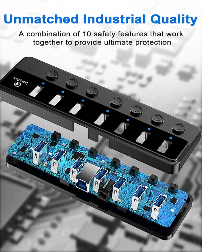 Qeefun Powered USB Hub, 7-Port USB 3.0 Data Extender with Individual LED On/Off Switches and 12V/2A Power Support Port, USB Splitter Expander for Laptop, Desktop PC, iMac and More