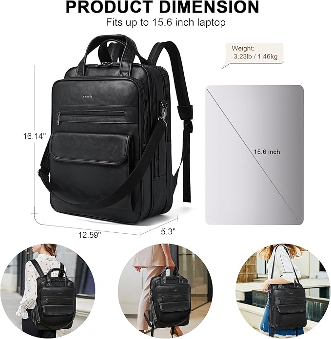 Shrrie Laptop Backpack for Women and Men, 15.6 Inch Vegan Leather Computer Backpack Professional Water-Resistant Casual Daypack for Work Business College Travel Office,Two-toned Black