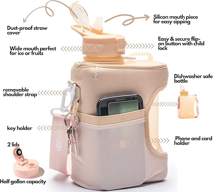 H2O Capsule Half Gallon Cube Square Water Bottle - 2.2L Water Bottle with Strap, Storage Sleeve, Covered Straw and Chug Lid – BPA Free Reusable Sports Water Jug with Handle, (68 Ounce), (Neutral)