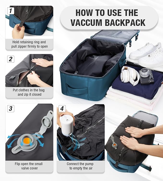 Vacuum Travel Backpack with Pump for Women,Airback Personal Item Carry on Backpacks Flight Approved for Men,Laptop Waterproof Work Compression bags Casual Daypack(Blue)