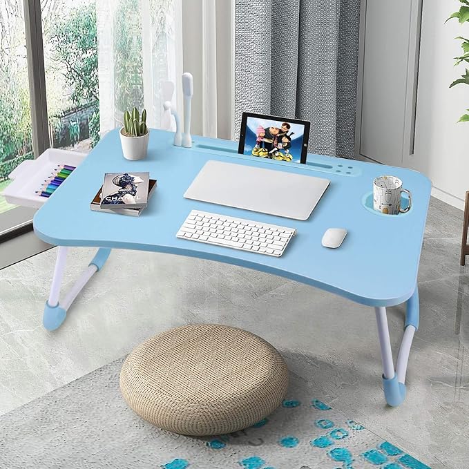 Slendor Lap Desk with Tablet Slot, Foldable Laptop Table with Storage Drawer for Bed，Portable Bed Desk for Laptop, Computer Tray with Cup Holder Notebook Stand Reading Holder for Couch Floor, Blue