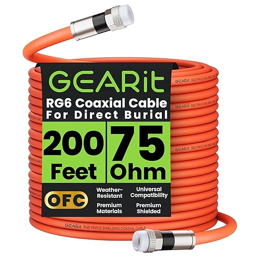 GEARit Coaxial Cable for Direct Burial (200ft) RG6 70 Ohm RF Rubber Boot Waterproof Underground in-Wall with Rubber Boot, High-Speed Internet, Broadband, Digital TV Aerial, Satellite Cable 200 Feet