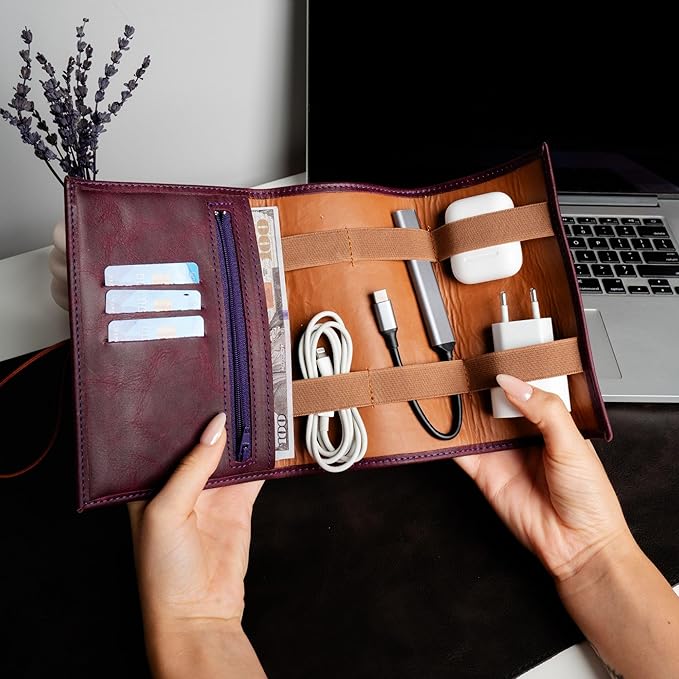 Custom Leather Electronic Organizer Roll – Personalized Cord Pouch for Travel Tech Accessories, USB Cables, Charger, Passport, SD Cards – Handmade Gift for All