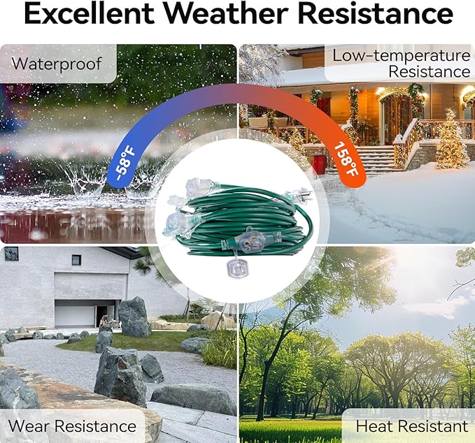 addlon 100FT 12 Outlet Outdoor Extension Cord, Green 16/3 SJTW Weatherproof Power Strip with Indicator Lights for Halloween Christmas Decorations,ETL Listed