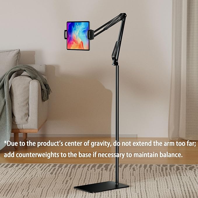 Tablet Floor Stand & Kindle Holder, Overhead Bed Reading Stand with 360° Rotatable Clamp and Height Adjustable Flexible Long Arm, Compatible with Kindle, iPad mini/Air/Pro, and 4.7-14 Inch Devices