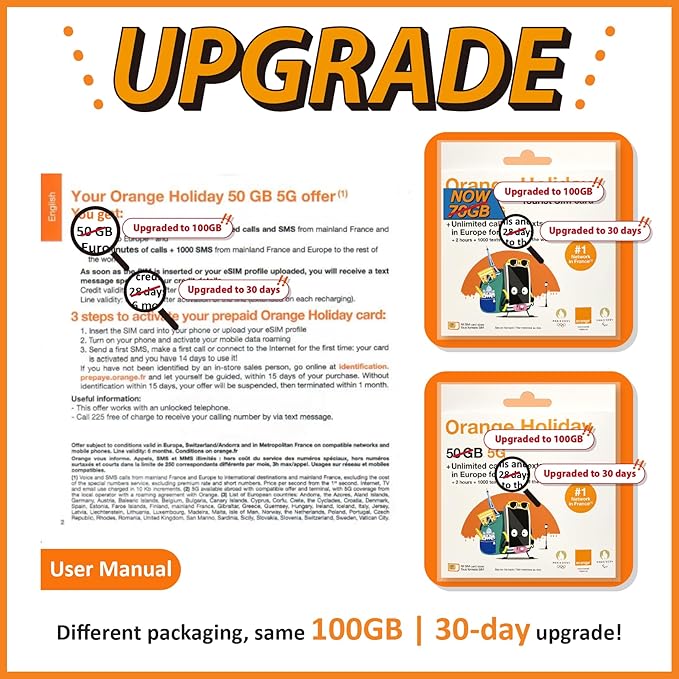Orange Holiday Europe Prepaid Sim 100GB Internet Data | 30 Days-Use | Data tethering Allowed | 120min & 1000 SMS from Europe to Any Country Worldwide+1 Sim Card Holder+1 Pin
