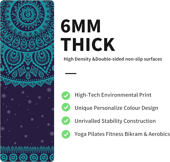 nuveti Yoga Mat Print Extra Thick TPE Non Slip Fitness Exercise Mat with Carrying Bag,72"x24" Extra Thick 6MM Exercise & Workout Mat for Yoga, Pilates Fitness and Floor Exercises