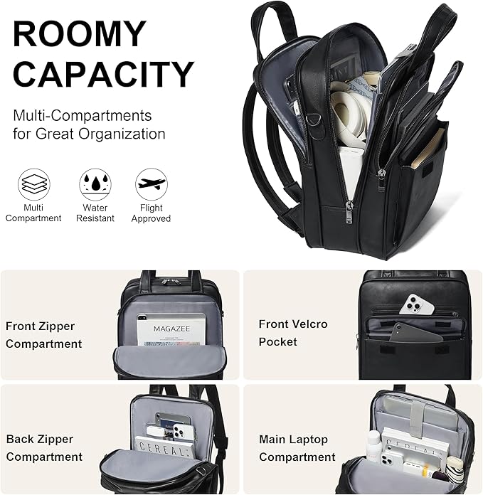 Shrrie Laptop Backpack for Women and Men, 15.6 Inch Vegan Leather Computer Backpack Professional Water-Resistant Casual Daypack for Work Business College Travel Office,Two-toned Black