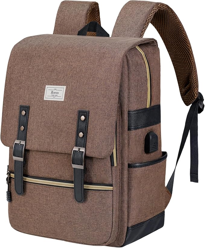 Ronyes Vintage Laptop Backpack for Women Men,15.6 inch Bookbag Casual Daypack with USB Charging Port for College Work, Brown Backpacks