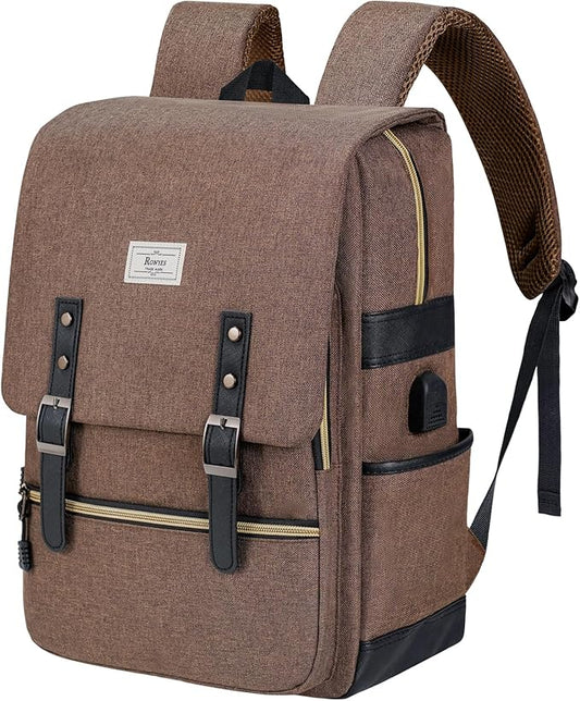 Ronyes Vintage Laptop Backpack for Women Men,15.6 inch Bookbag Casual Daypack with USB Charging Port for College Work, Brown Backpacks