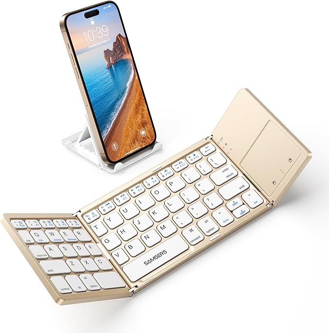 Samsers Foldable Bluetooth Keyboard with Touchpad - Portable Wireless Keyboard with Holder, Rechargeable Full Size Ultra Slim Pocket Folding Keyboards for Android Windows iOS Tablet & Laptop - Gold