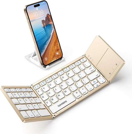 Samsers Foldable Bluetooth Keyboard with Touchpad - Portable Wireless Keyboard with Holder, Rechargeable Full Size Ultra Slim Pocket Folding Keyboards for Android Windows iOS Tablet & Laptop - Gold