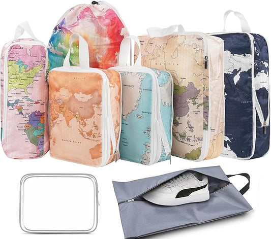 8 Pcs Compression Packing Cubes Travel for Suitcases, Waterproof Luggage Organizer Washable Storage Bags Set for Backpack Travel- Packaging Cubes for Carry-Ons and Storage