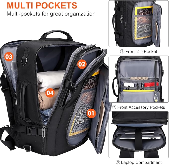 PIJUSHI Travel Backpack for Women Men Flight Approved Carry on Bag 16 inch Laptop Personal Item Daypack with Shoe Compartment(PE038 Black)