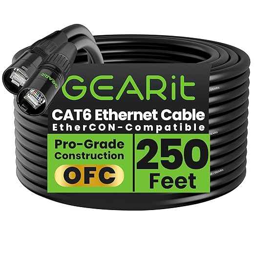 GEARit Shielded CAT6 Ethercon Cable (250 Feet) Professional Audio & Lighting RJ45 EtherCON-Compatible Cable for Studio, Stage, Concerts - 250ft Black