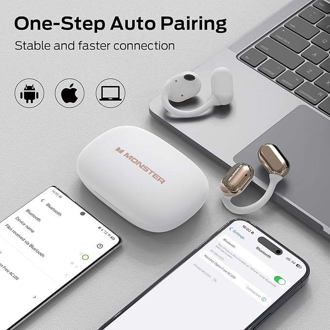 Monster Open Free AC100 Open Ear Headphones, Bluetooth 5.3 Wireless Headphones with Earhooks,Immersive Stereo Sound by Dual Large Driver, Clear Talk, 30H Playtime,Waterproof Earbuds for Running, White