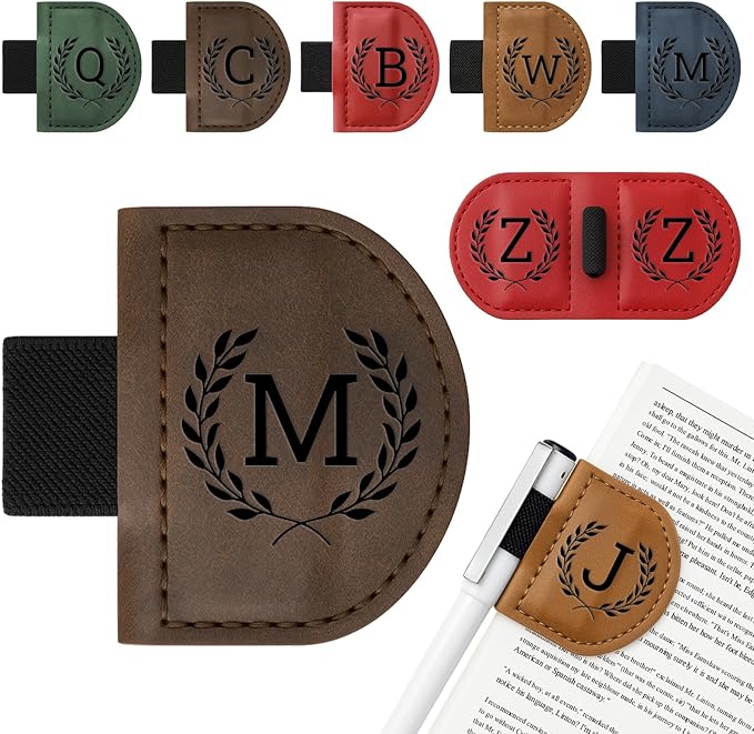 Personalized Bygone Mark Bookmark with Pen Holder,Engraving Leather Magnetic Bookmarks Vintage 26 Letters Name Initials Text Book Marker Clips Gifts for Reading Book Lovers Women (Coffee, M)