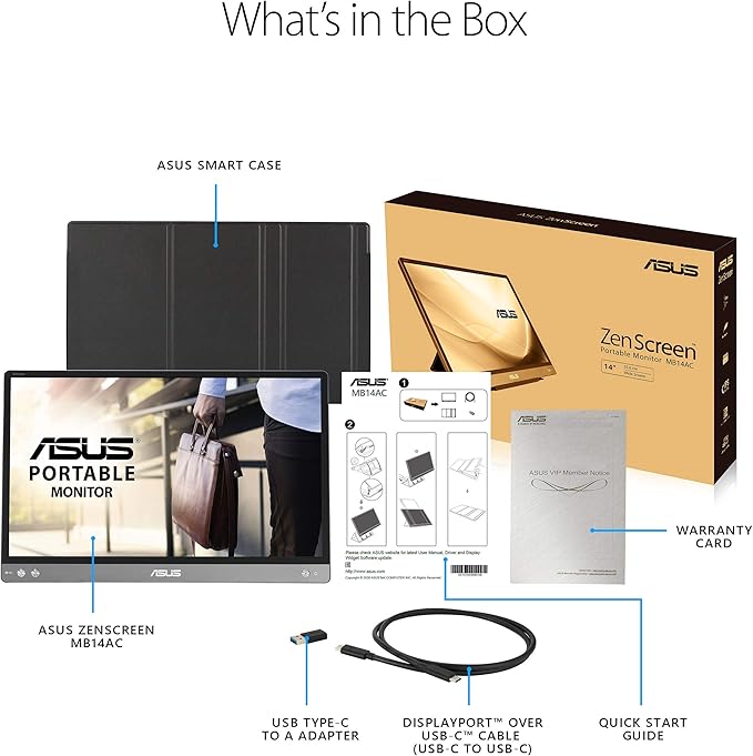 ASUS ZenScreen MB14AC 14” Portable USB Monitor, 1080P Full HD, IPS, USB Type-C, Eye Care, Anti-glare surface, External Screen for Laptop, Hybrid Signal Solution, 3-Year Warranty , GRAY