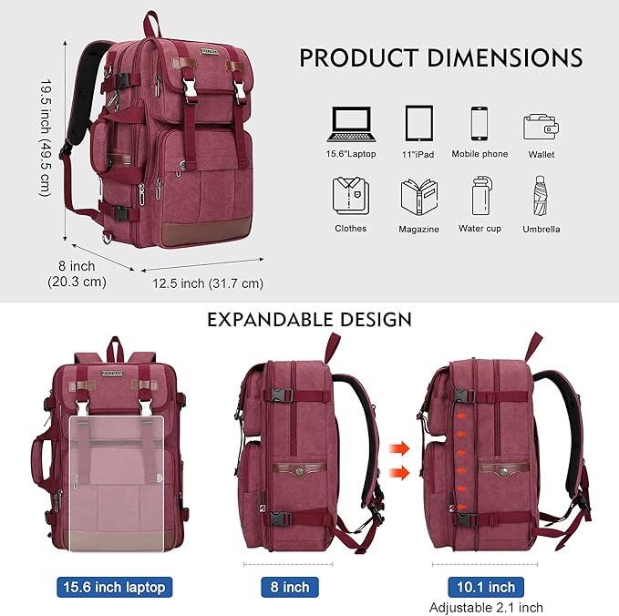 WITZMAN Canvas Travel Backpack for Women Large Laptop Backpack Fit 17 inch Carry-on Airline Approved Convertible Shoulder Rucksack(A6617-3 Red)
